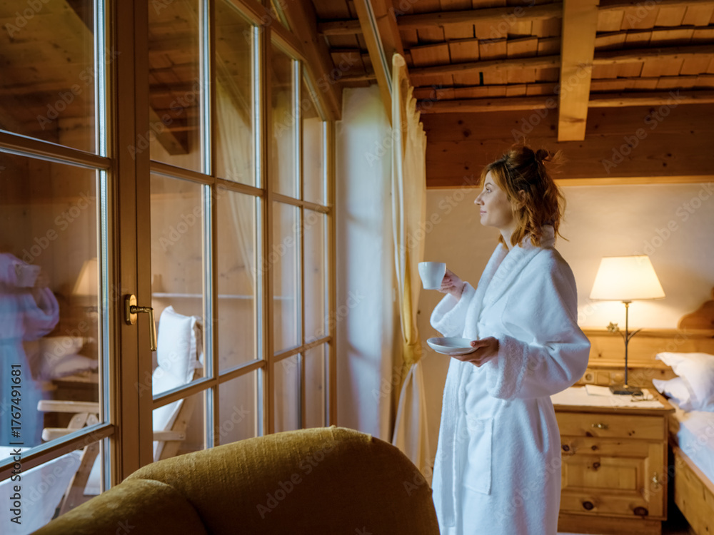 Obraz premium Tourism vacation and a woman standing in white robe at hotel window overlooking the view. Female enjoying the coffee by the window of chalet.