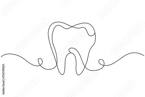 Minimalist tooth outline one line art symbol for dentist and oral care concept
