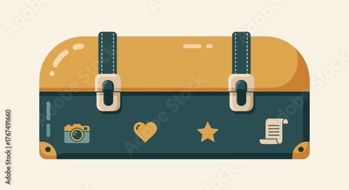 Retro Style Travel Suitcase with Decorative Stickers and Buckles.