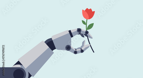 Robotic mechanical hand gently holding a single red flower.