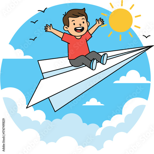 Cartoon illustration of a boy riding a paper airplane in a sunny sky.
