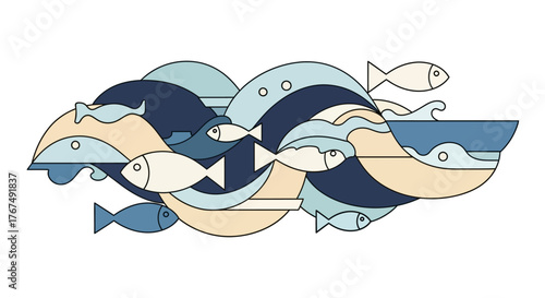 Stylized School of Fish Swimming Through Abstract Ocean Waves.
