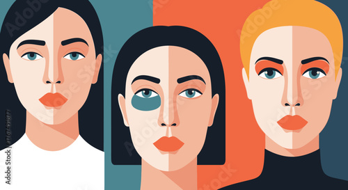 Three women portraits with different skin tones and eye conditions.