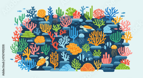 Vibrant Underwater Coral Reef Ecosystem with Marine Life.