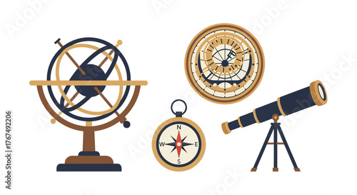 Vintage Navigational and Astronomical Instruments Collection Isolated.