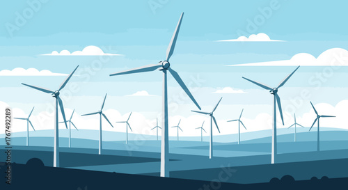 Wind farm with numerous turbines generating renewable energy.