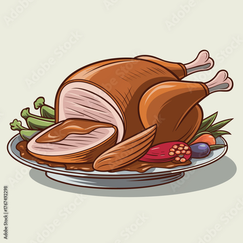 Roasted turkey on platter with vegetables – Ideal for Thanksgiving ads, restaurant menus, or holiday food illustrations