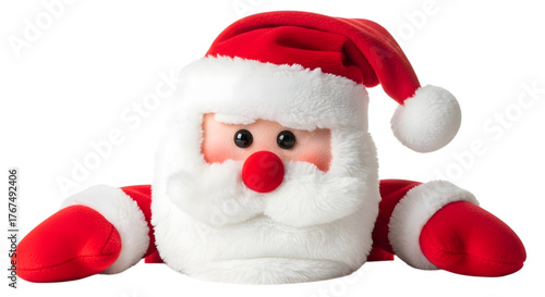 Cute plush santa claus toy with red hat and white beard, isolated on transparent background