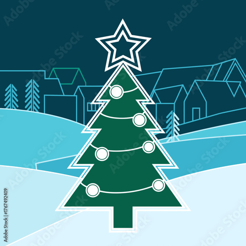 Christmas tree with star topper in snowy winter landscape