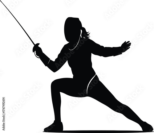 Black vector silhouette illustration of a warrior woman fencing athlete with a sword