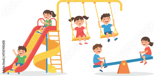 Children playing on playground equipment, including a slide, swings, and a seesaw.