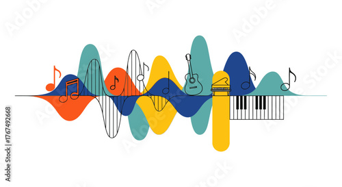 Abstract Sound Wave Music Visualization with Musical Instruments and Notes.