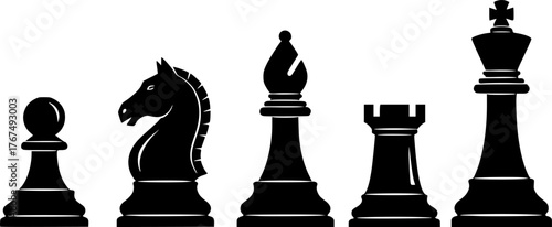 chess pieces, silhouette, pawn, knight, king, queen, bishop, rook, black and white