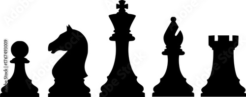 chess pieces, silhouette, pawn, knight, king, queen, bishop, rook, black and white