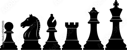 chess pieces, silhouette, pawn, knight, king, queen, bishop, rook, black and white
