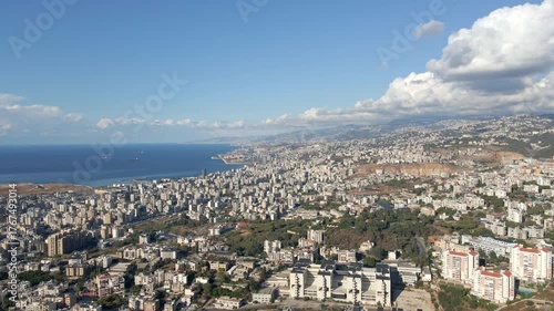 Drone areal shot of Beirut, Lebanon showing the northern parts of city.