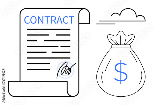 Scroll-thumbs up contract paper with signature, accompanied by a money bag and subtle cloud accent. Ideal for agreement, finance, business, deal, payment, negotiation partnership. Simple flat