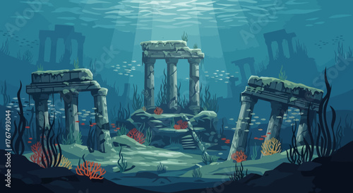 Ancient Underwater Ruins with Columns and Archways.