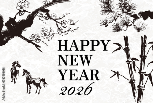 2026年　午年　年賀状用はがきテンプレート　干支の馬の筆手書きイラスト