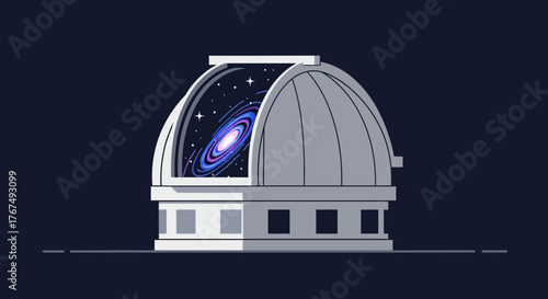 Astronomical observatory building with an open dome viewing a galaxy.