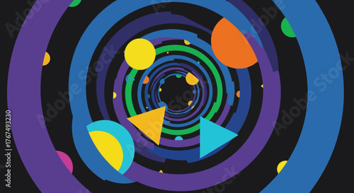Colorful spiral tunnel with geometric shapes floating in space.