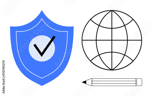Blue shield with checkmark, globe grid, and pencil reflect security, global connectivity, and creativity. Ideal for protection, internet, innovation, design education globalization business