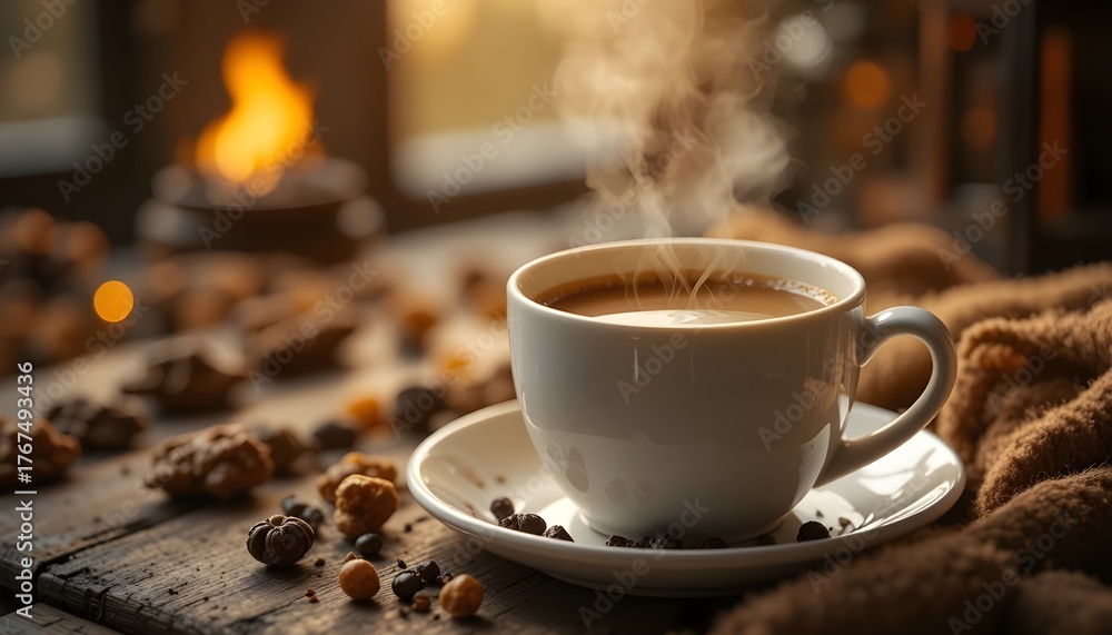 Fototapeta premium Warm cup of coffee with cozy background.