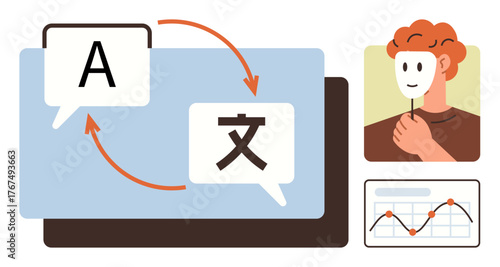 Speech bubbles with arrows representing translation, person holding mask symbolizing identity, and graph showcasing data trends. Ideal for translation, linguistics, identity, analytics