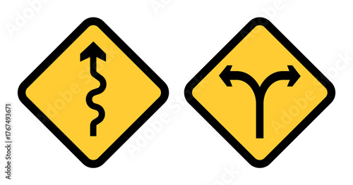 Winding road sign and two way road sign arrow icon on white background, isolated png llustration