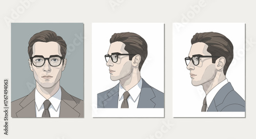 Elegant illustrations of a sophisticated man in a suit and glasses from different angles