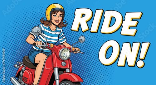 Stylish pop art illustration of a young woman riding a red scooter