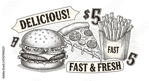 Vintage fast food illustration featuring a burger, pizza slice and french fries
