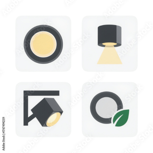 Four minimalist icons representing various lighting fixtures, including recessed lights, a downlight, and an adjustable spotlight, with one indicating energy efficiency.