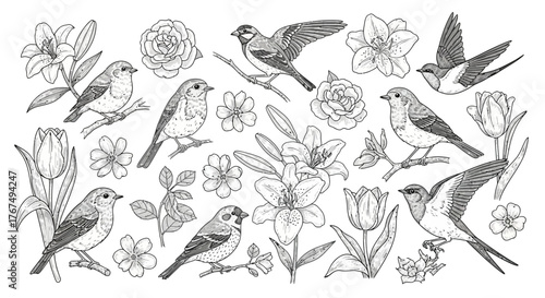 Elegant monochrome vector illustration showcasing songbirds and floral elements
