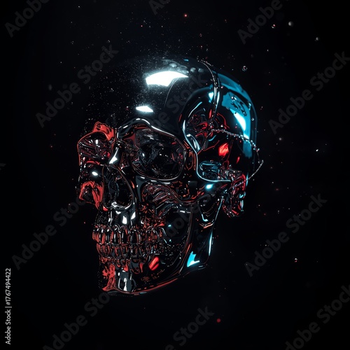 Glossy metallic skull with red and blue reflections against a dark background