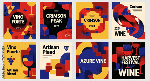 Collection of unique wine labels showcasing abstract designs and vibrant colors