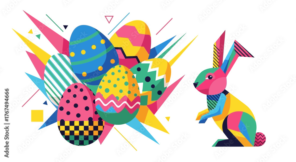 Fototapeta premium A Vibrant Geometric Easter Celebration with Colorful Eggs and a Playful Bunny