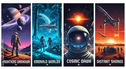 Four Panels of Retro Sci-Fi Book Covers Exploring Space and Alien Worlds