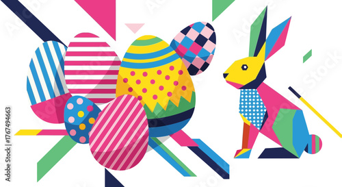 Vibrant geometric easter illustration featuring eggs and a stylized rabbit design