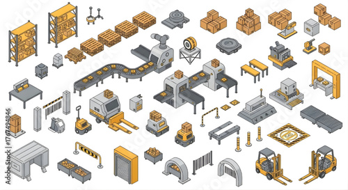 Isometric Warehouse Automation Icons Pack - Factory Conveyor, Material Handling, Forklifts & Pallets Vector