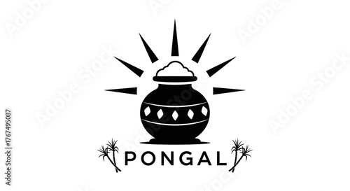 A black and white graphic celebrating the Pongal festival with a traditional pot, sun, and sugarcane.