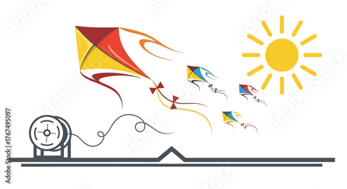 A bright sunny day with several colorful kites flying in the sky, attached to a reel on the ground.