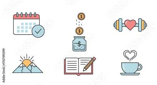 Set of flat design icons representing positive daily habits for self-improvement and a healthy lifestyle.