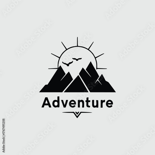 A minimalist black logo for an adventure company, featuring mountains, a rising sun, and two flying birds over the word 'Adventure'.