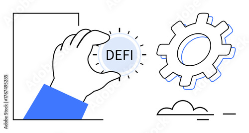Hand reaches for a DeFi coin, accompanied by a gear and cloud, symbolizing financial innovation, blockchain, fintech, collaboration, technology, progress and digital economy. A simple flat metaphor