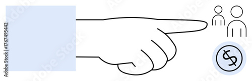 Hand directing attention to people and currency icons. Ideal for leadership, choice, teamwork, management, financial planning, business strategy, decision-making. Simple flat metaphor