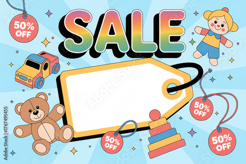 Colorful sale banner with toys and discount tags for kids' items promotion