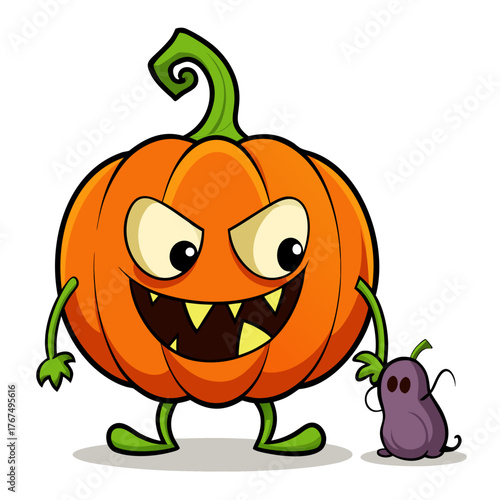 Scary pumpkin scared by little mouse humorous vector illustration scalable for halloween graphics silhouette White background