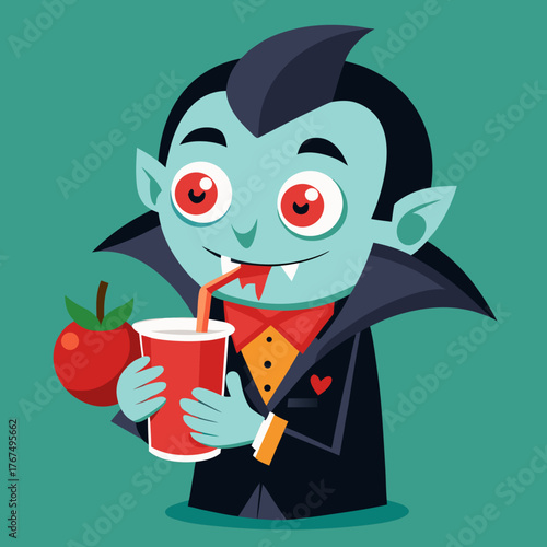 Cute cartoon vampire drinking tomato juice from a cup with a straw vector illustration scalable eps icon silhouette White background