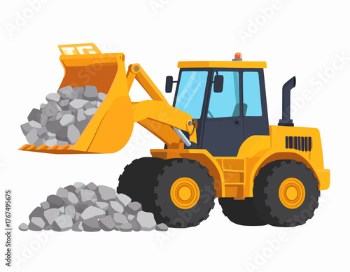 Yellow Wheel Loader Cartoon Illustration Excavating Stones & Construction Equipment Concept